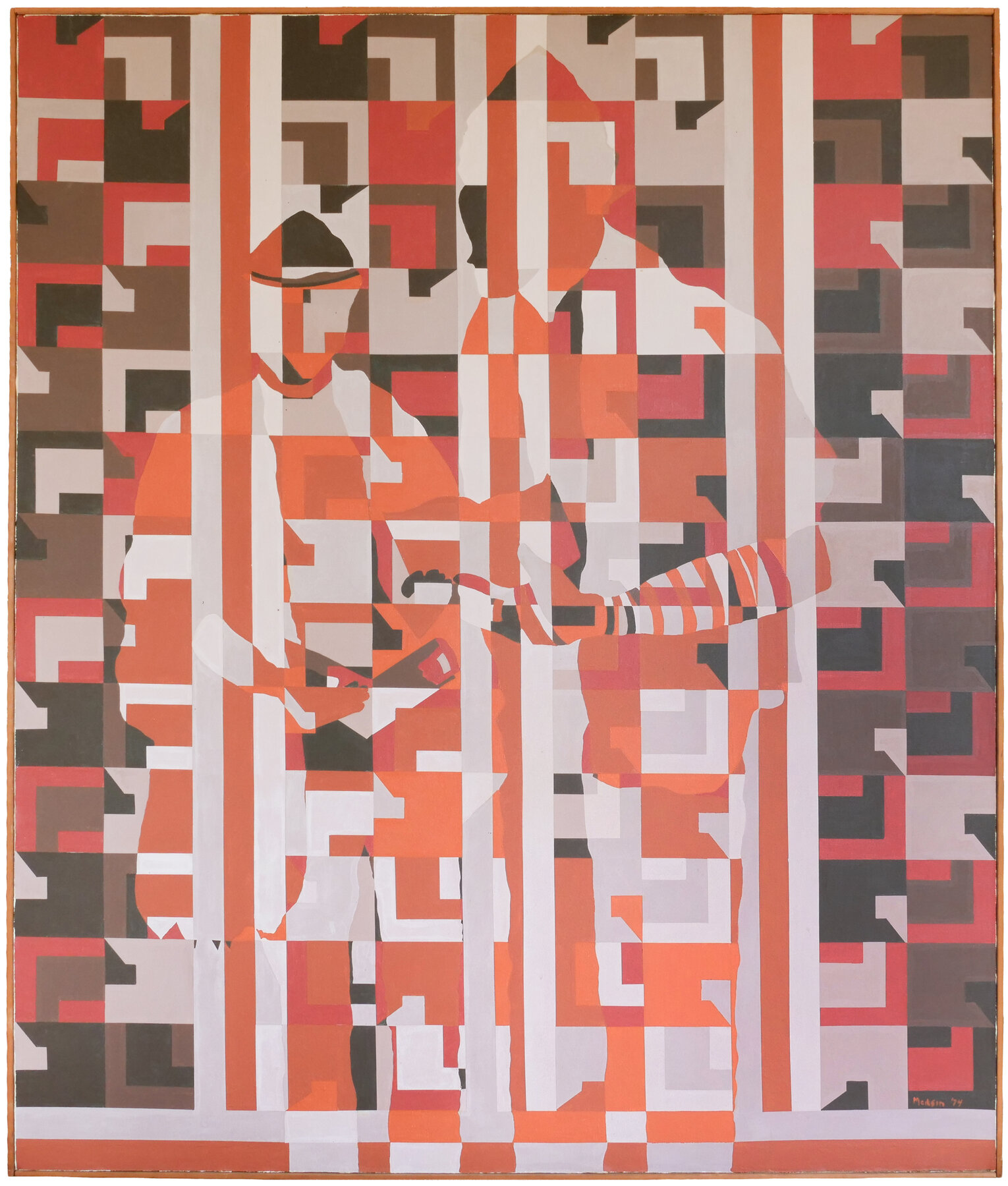 Geometric abstract painting by Jeannine Meiksin; title and date pending.